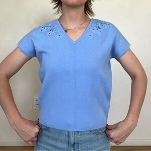 Tahari Blue Fitted Blouse with V-Neck